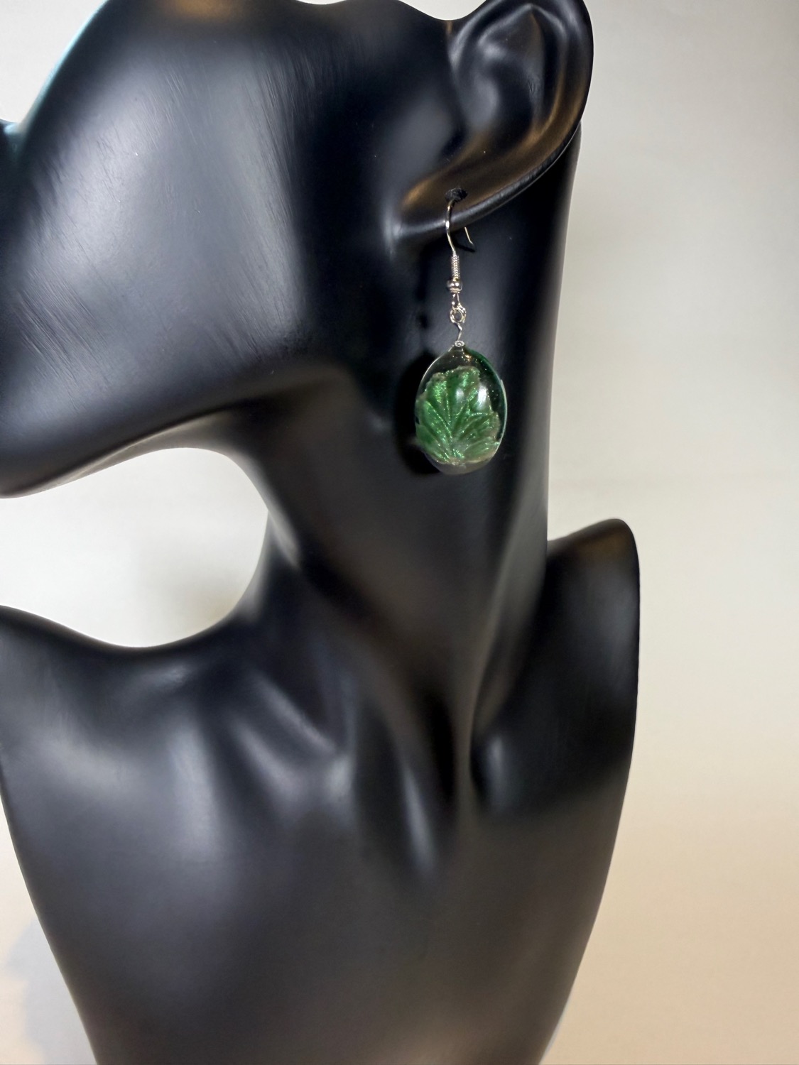 Emerald leaf earrings view 2