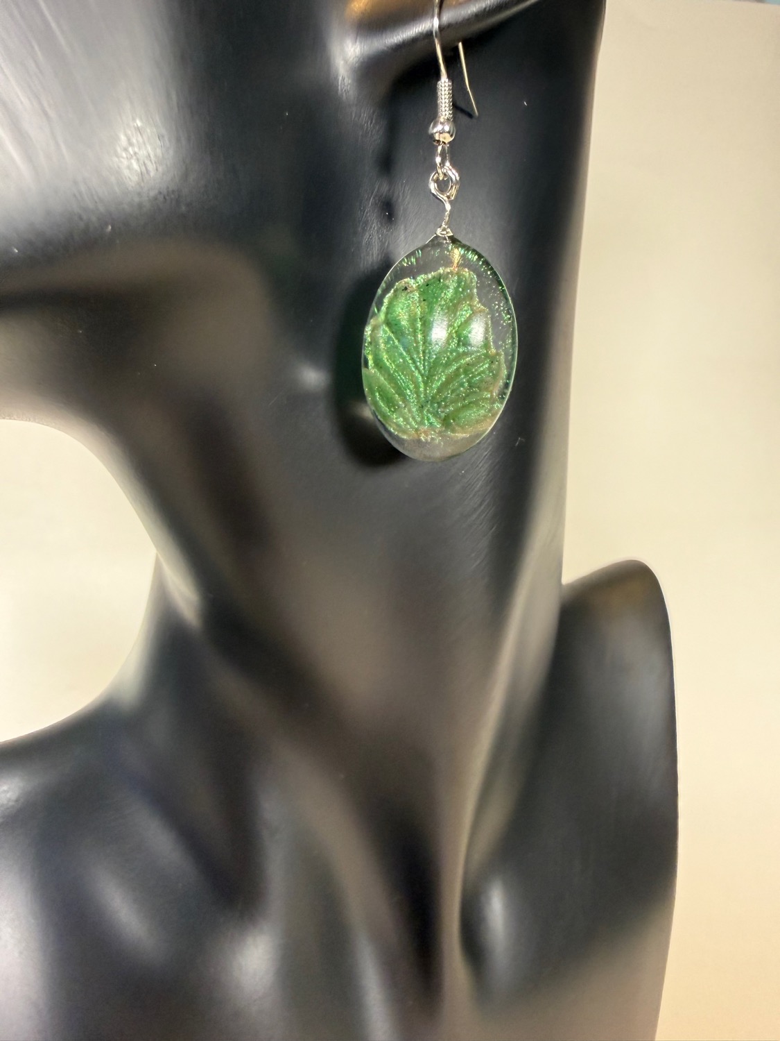 Emerald leaf earrings view 3