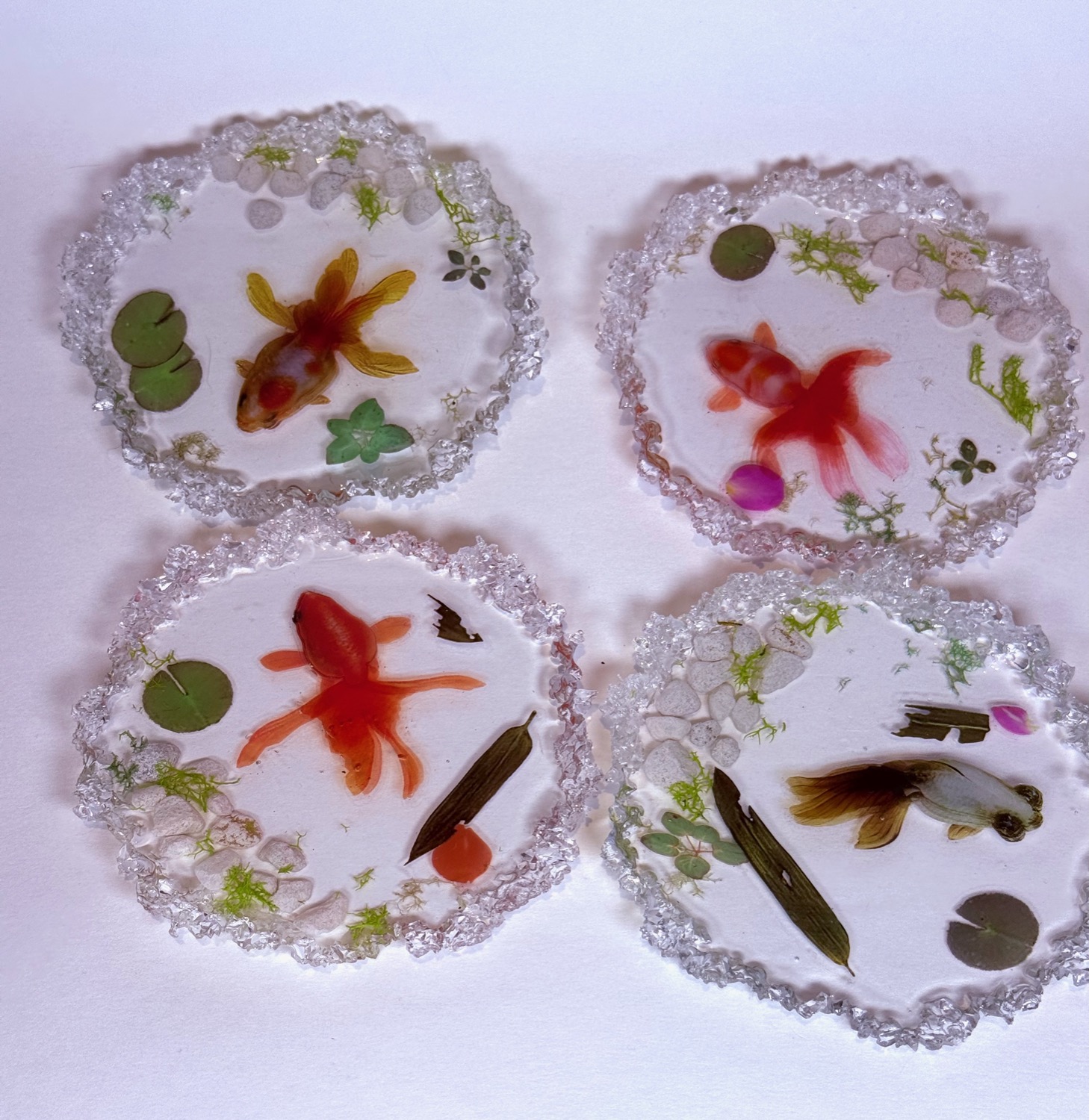 Koi fish pond coaster set of 4 with lily pads and plants