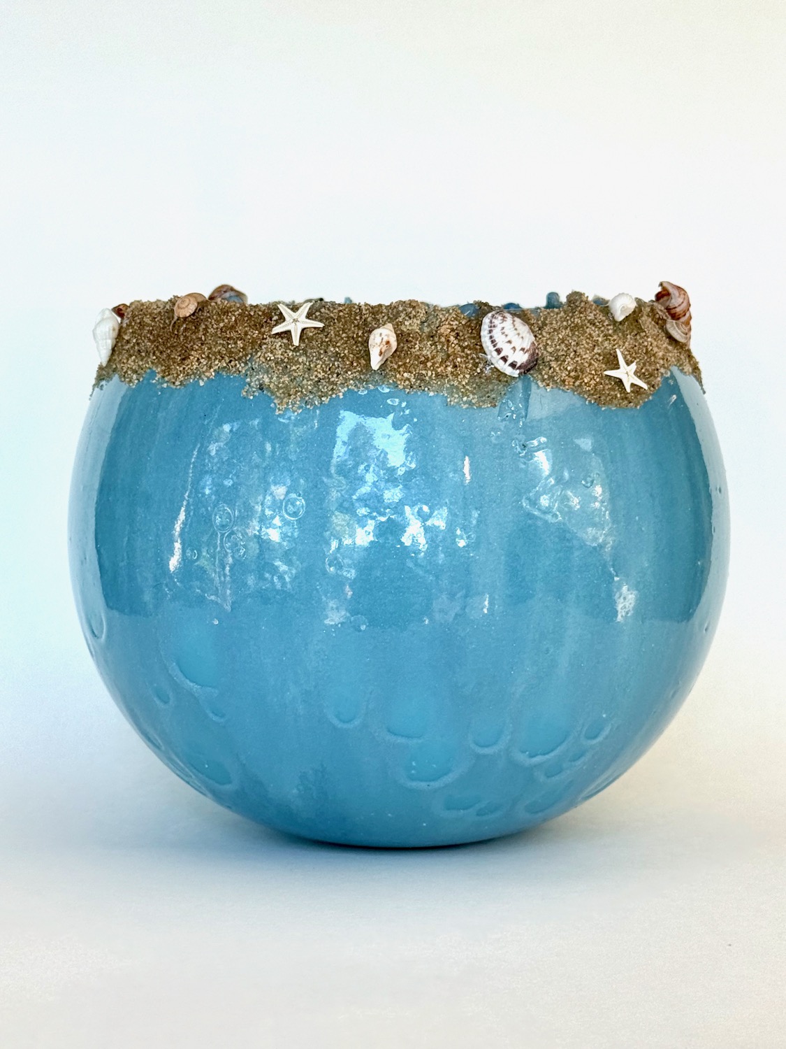 Sandy Shore Bowl — blue resin bowl with sand and shells on rim