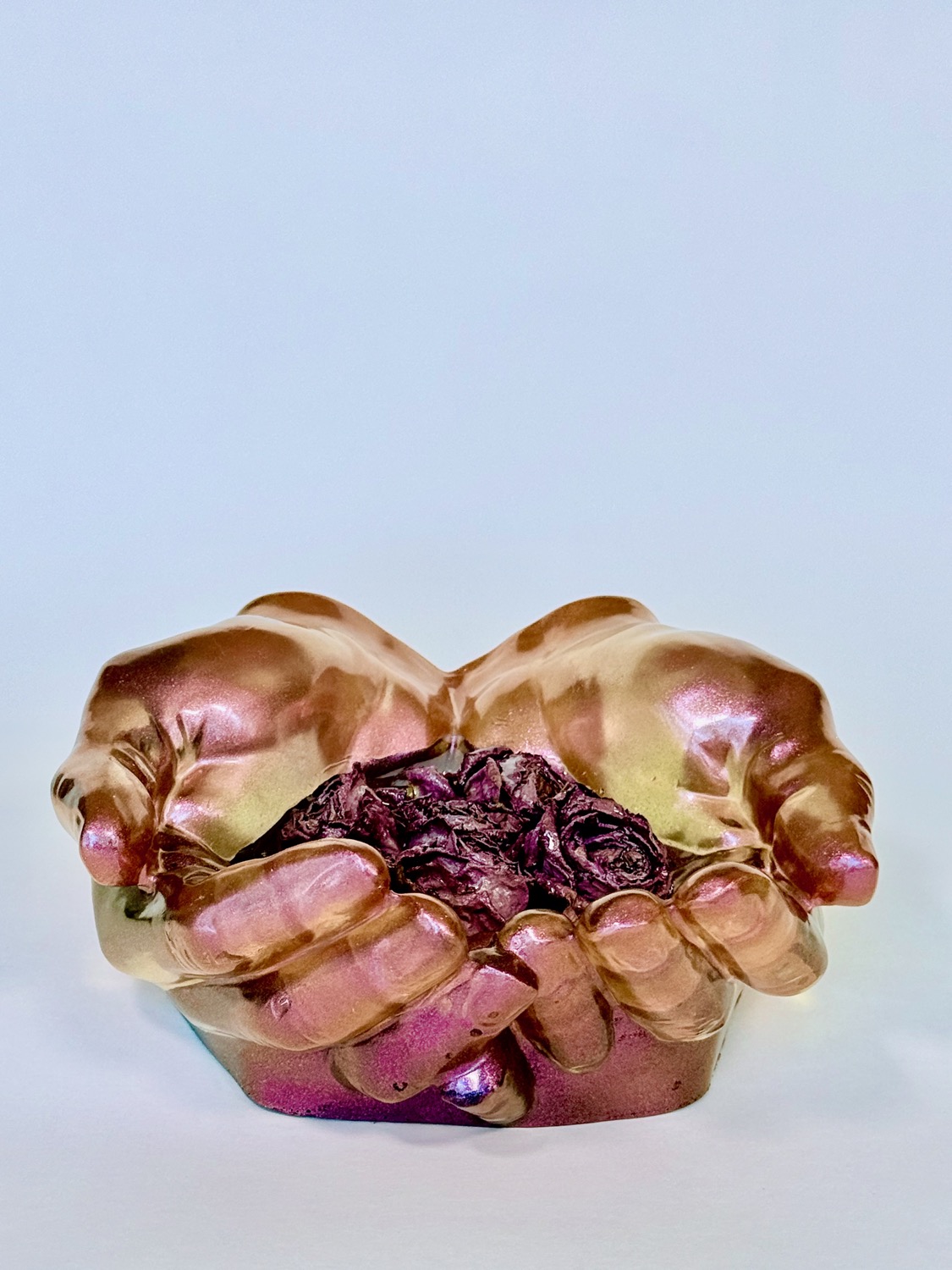 Rose Garden Hands — pink gold shimmer resin hands holding dried roses