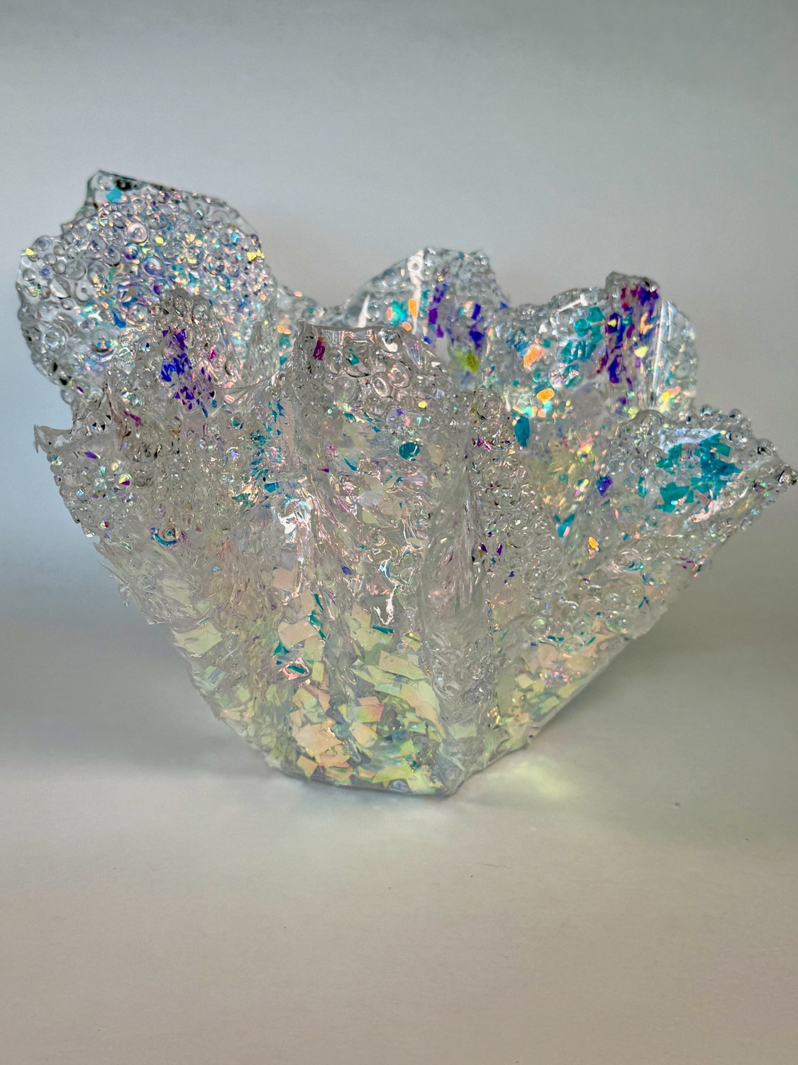 Aurora Bowl — iridescent ruffled resin bowl with holographic shimmer