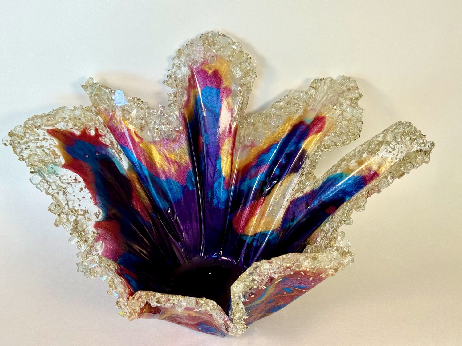 Kaleidoscope Bowl — multicolored ruffled resin bowl with crystal edges