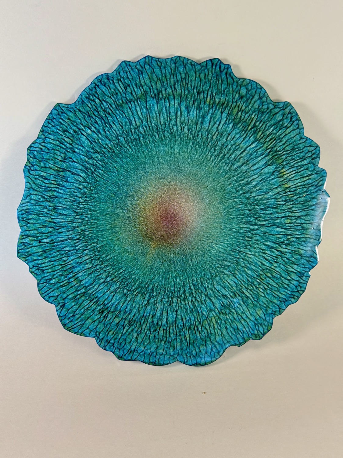 Coral Reef Platter — round teal resin platter with crackle texture