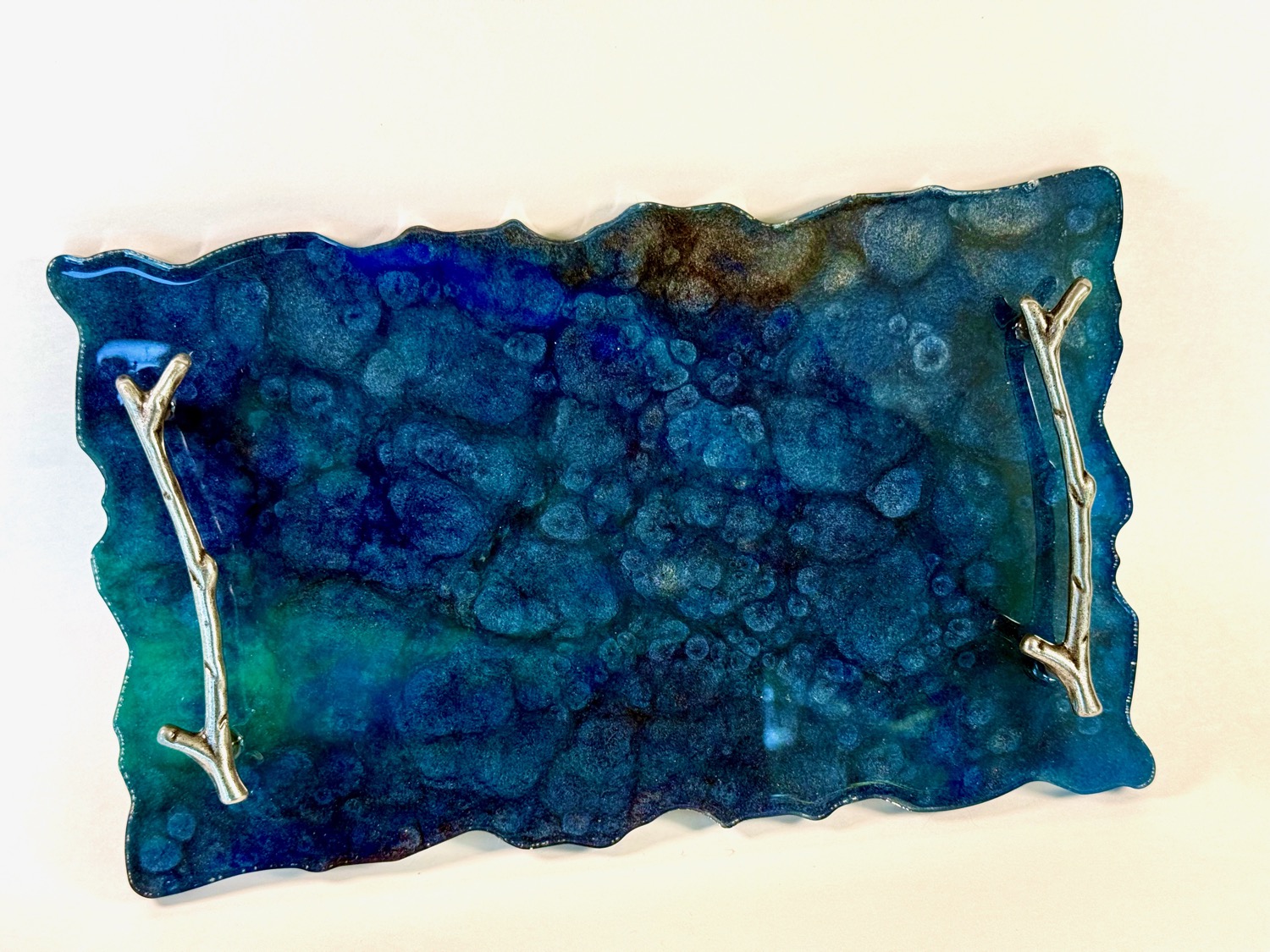 Midnight Forest Tray — deep blue resin rectangular tray with silver twig handles