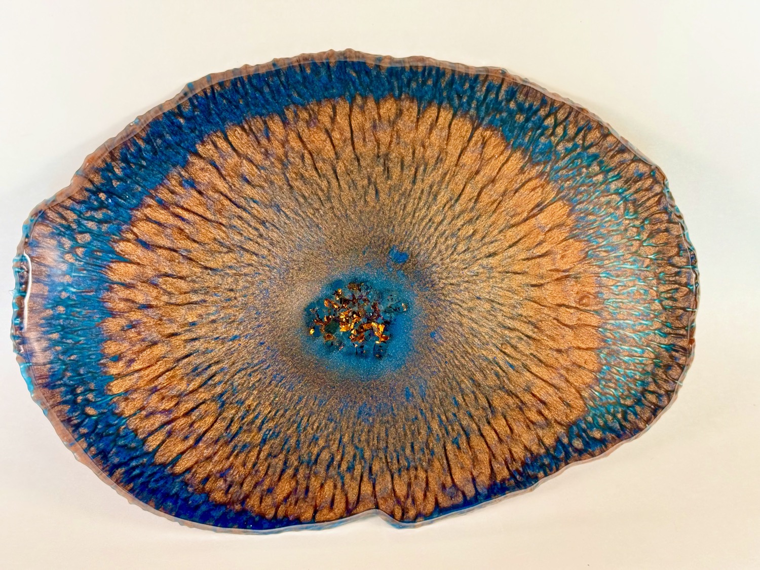 Sunstone Platter — oval resin platter with copper and blue crackle pattern