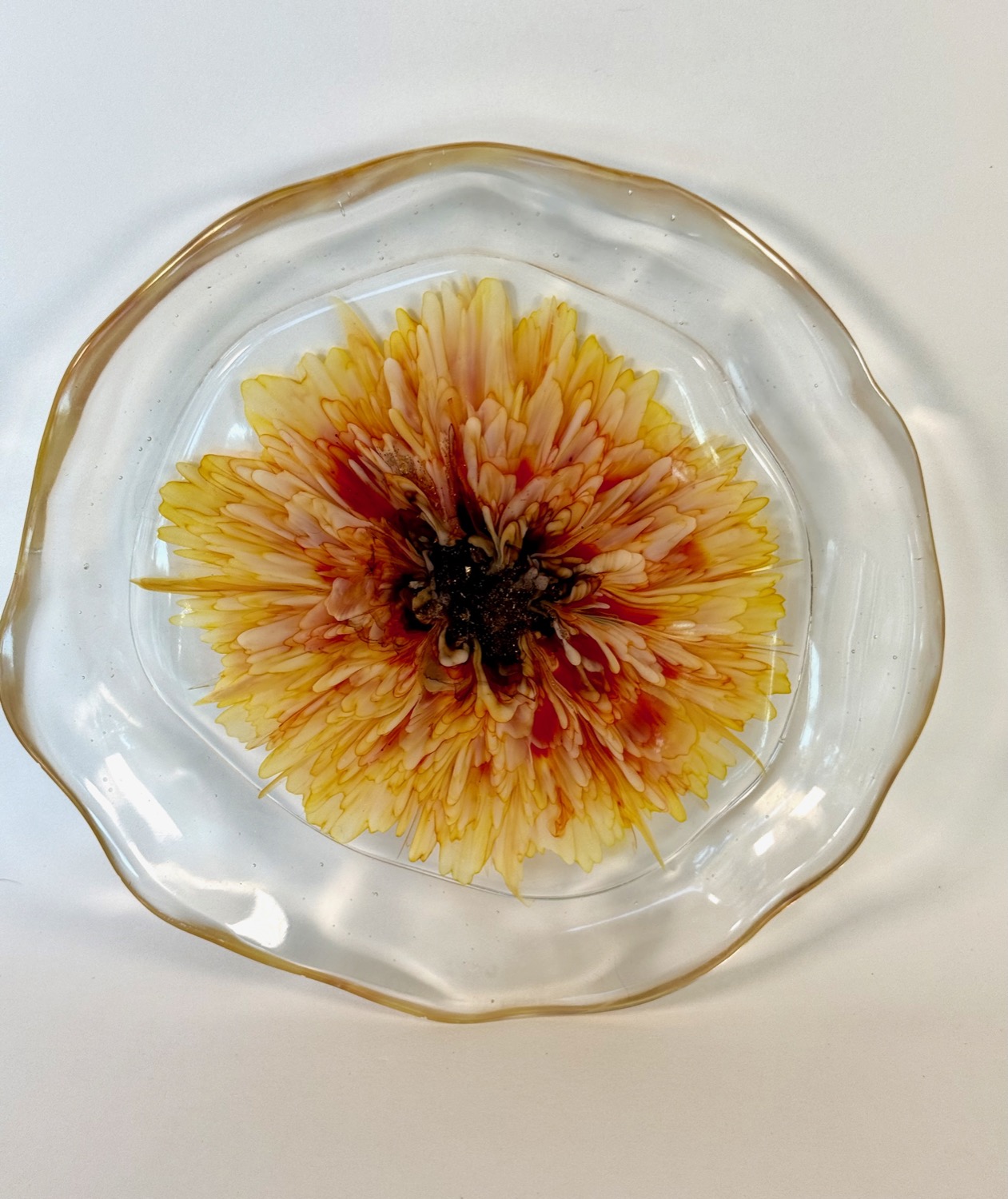Chrysanthemum Plate — clear resin plate with embedded yellow chrysanthemum flower