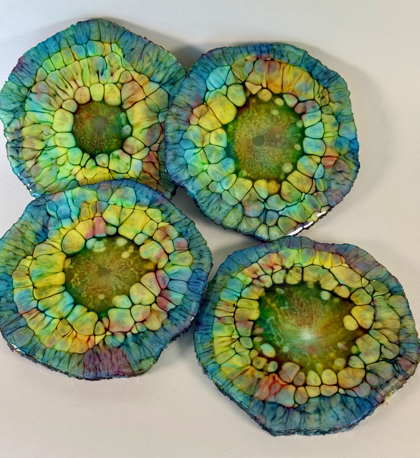 Set of 4 multicolour tie-dye cell pattern resin coasters
