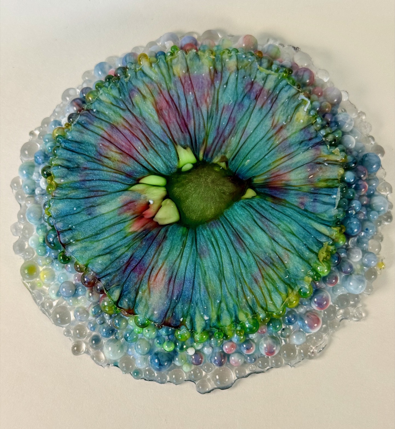 Teal blue flower resin coaster with clear resin bubble border