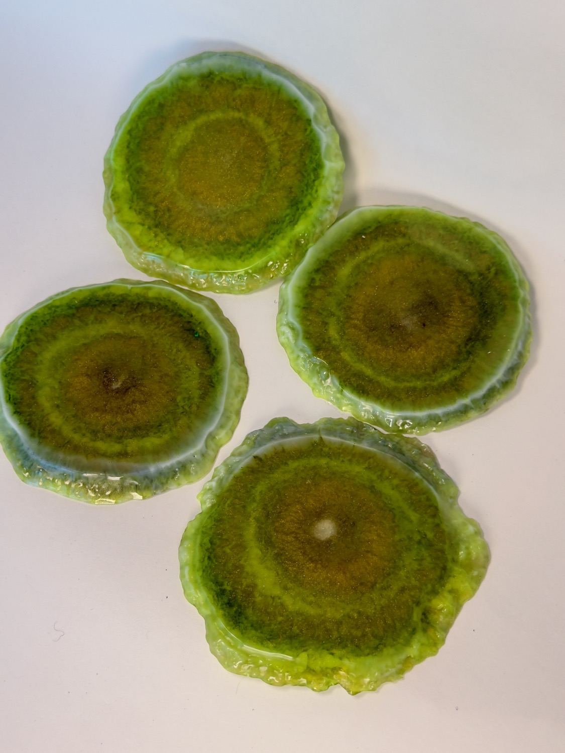 Olive Gold Geode coasters studio view
