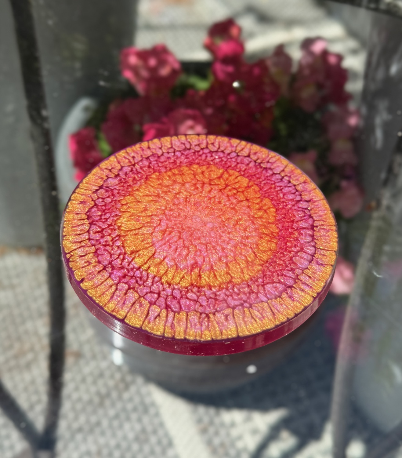 Sunset Mandala coaster outdoor view