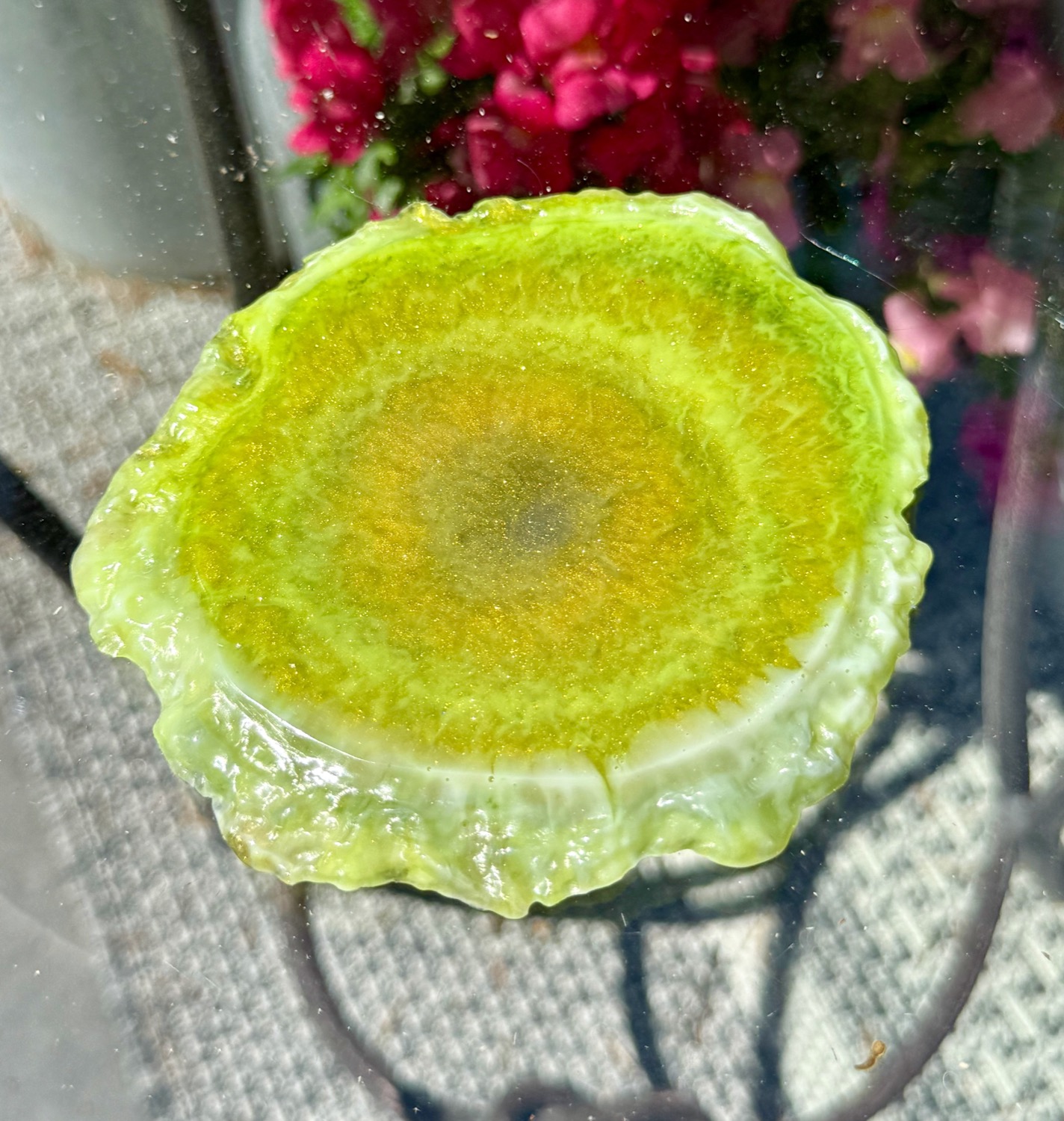 Olive Gold Geode coaster outdoor view