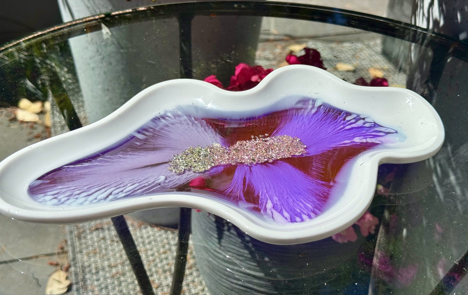 Lavender Dream Tray — white-rimmed resin tray with purple iris and crystal detail