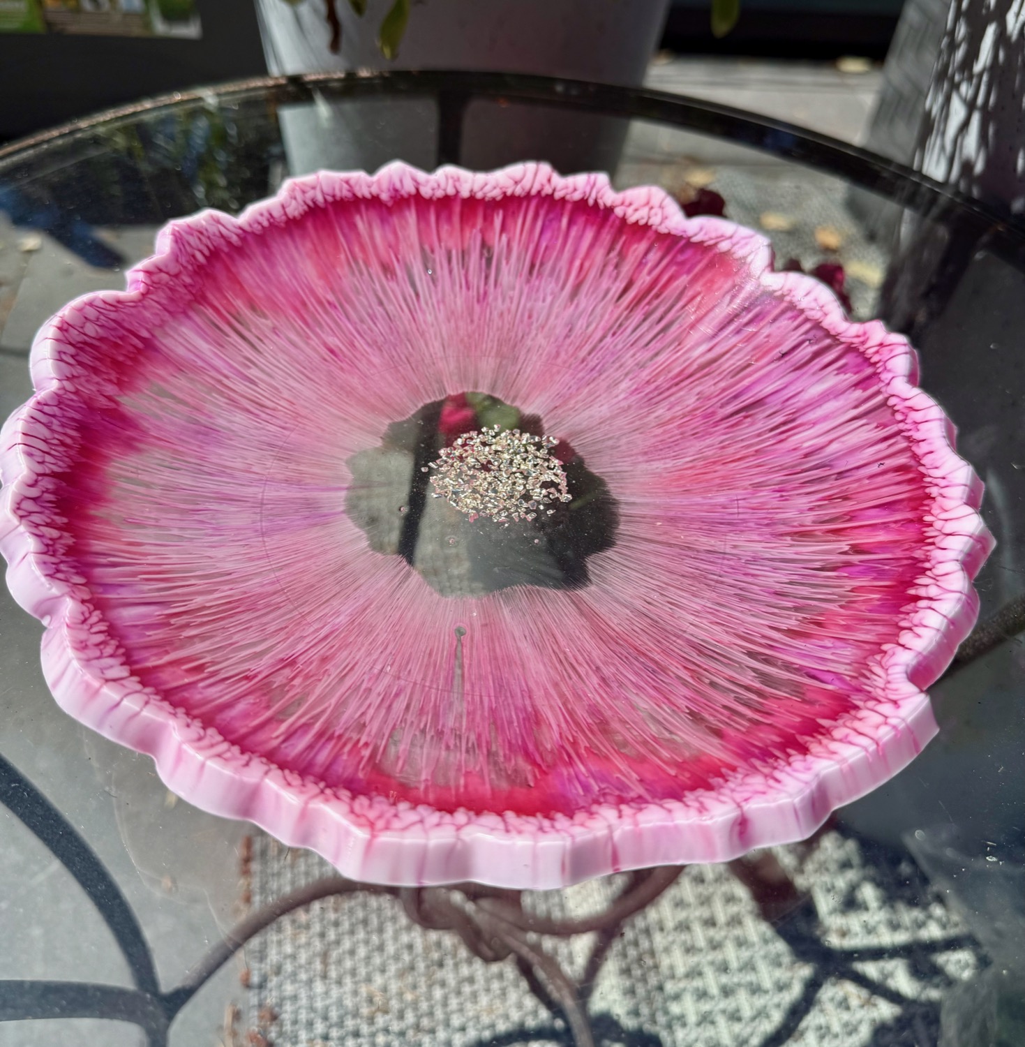Wild Rose Platter on glass table