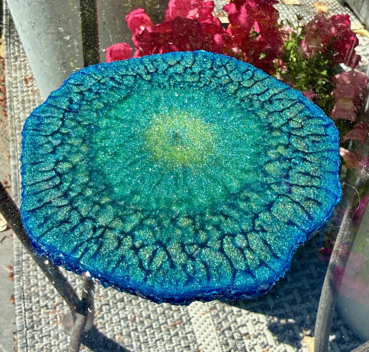 Teal Crackle Geode coaster outdoor view