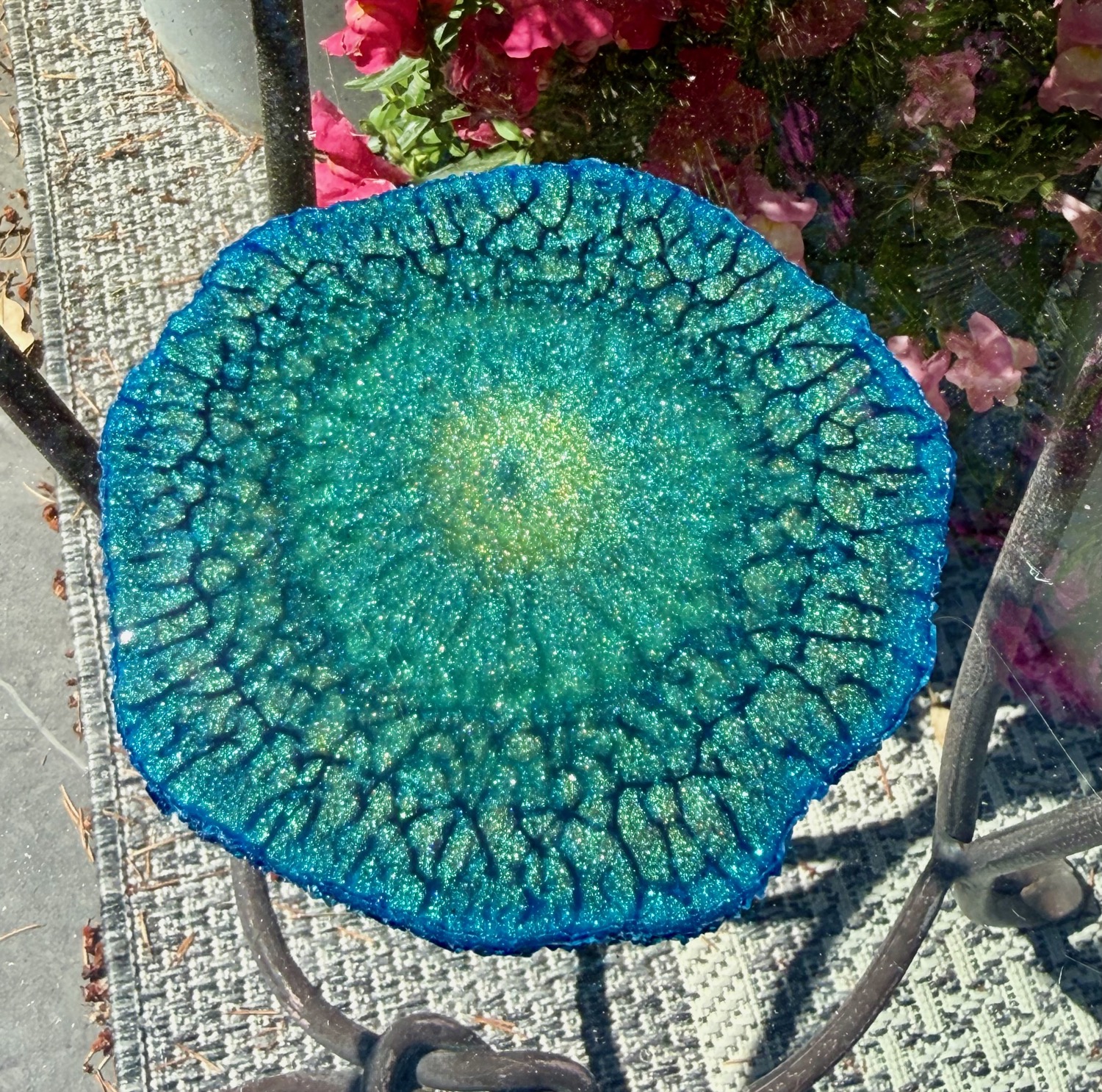 Teal Crackle Geode coaster outdoors