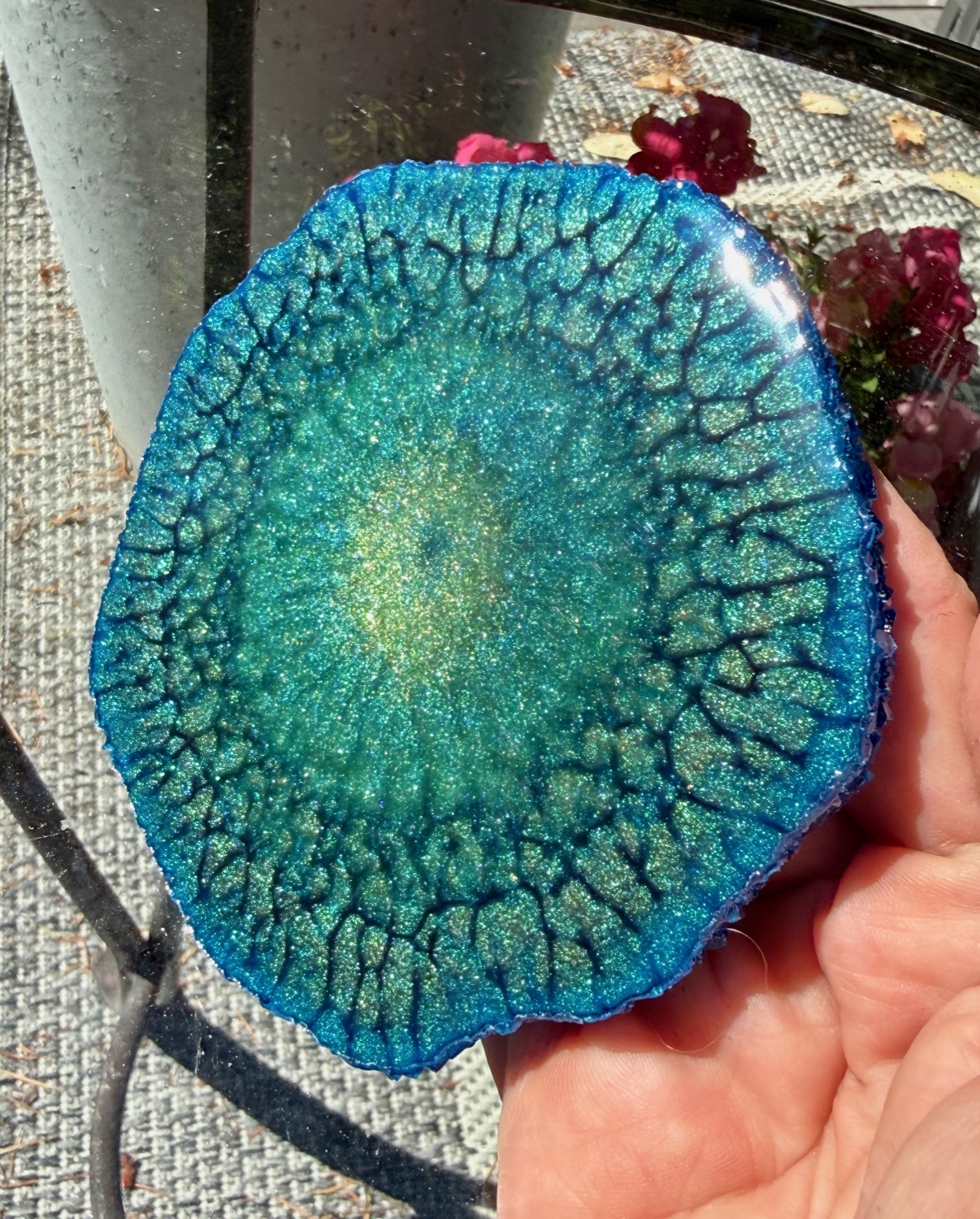 Teal Crackle Geode coaster outdoor close-up
